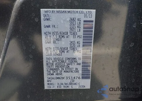 2013 Infiniti Jx35 from USA, damaged, VIN 5N1AL0MN2DC351476